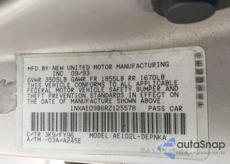 1994 Toyota Corolla Le/Dx from USA, damaged, VIN 1NXAE09B6RZ125578